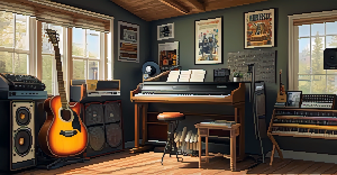 A warm and inviting home music studio with various instruments and music posters on the walls.
