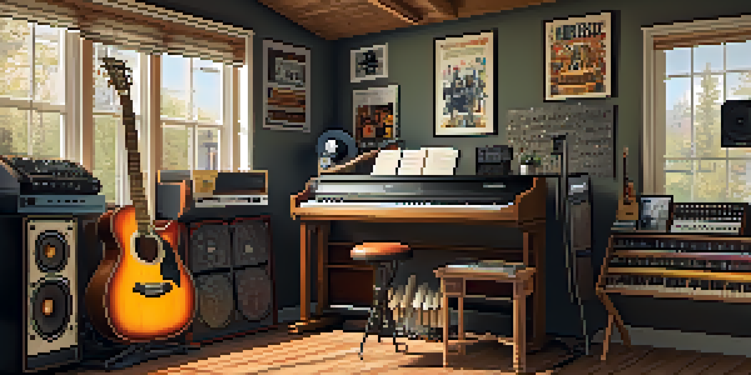 A warm and inviting home music studio with various instruments and music posters on the walls.