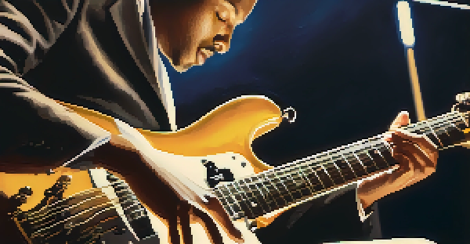 A jazz guitarist playing an electric guitar on stage with warm lighting and blurred band members in the background.