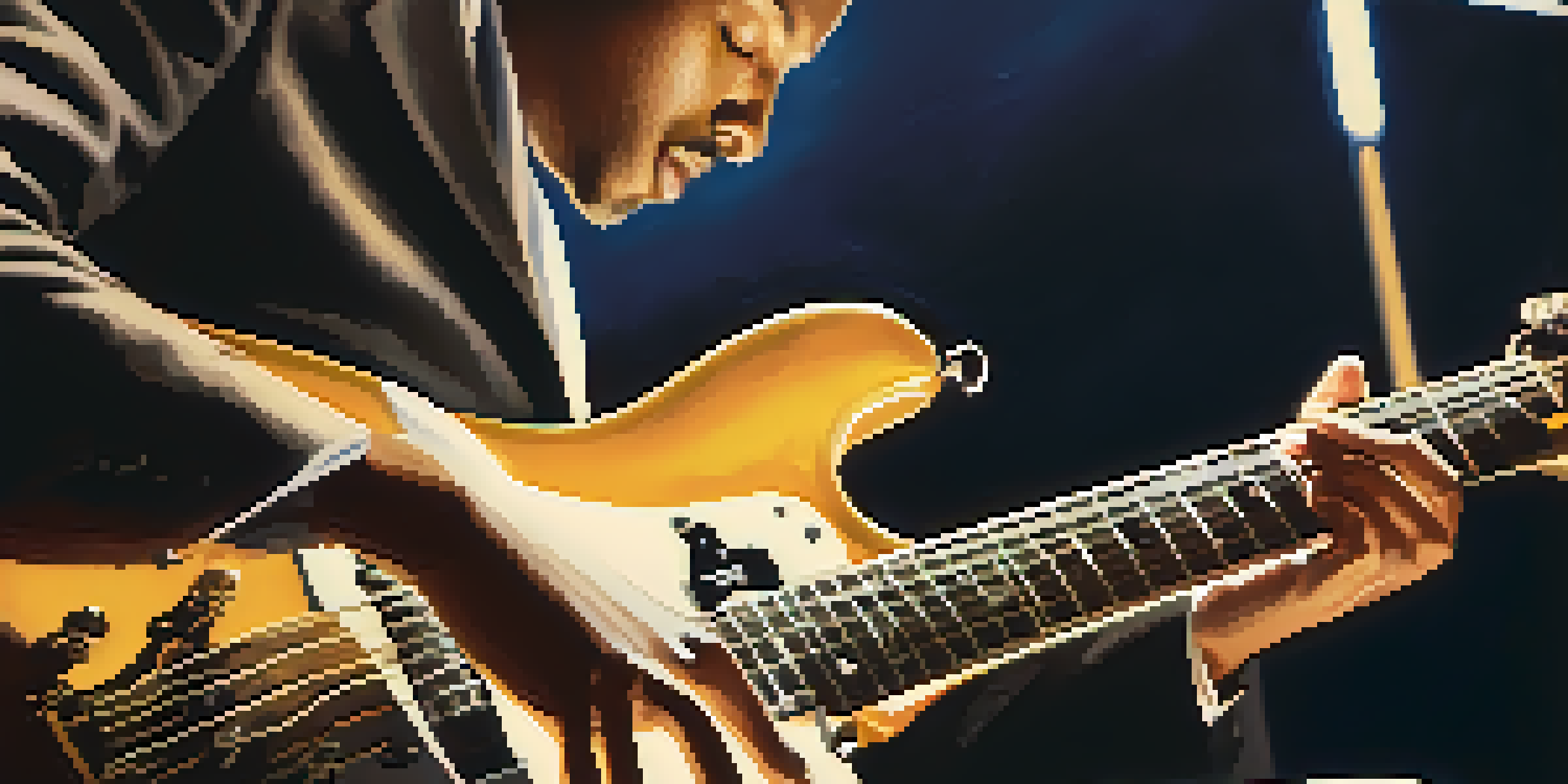 A jazz guitarist playing an electric guitar on stage with warm lighting and blurred band members in the background.