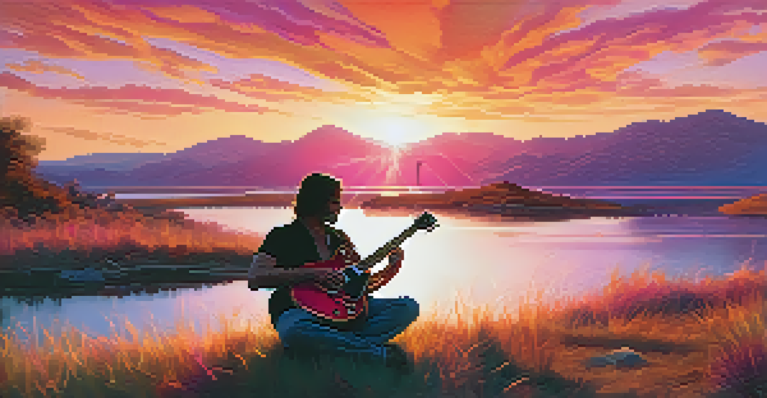 A person sitting on a grassy hill playing an electric guitar at sunset, with vibrant colors in the sky.