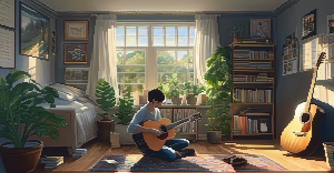 A young adult playing an acoustic guitar in a cozy room with sunlight streaming through a window, surrounded by plants and music sheets.