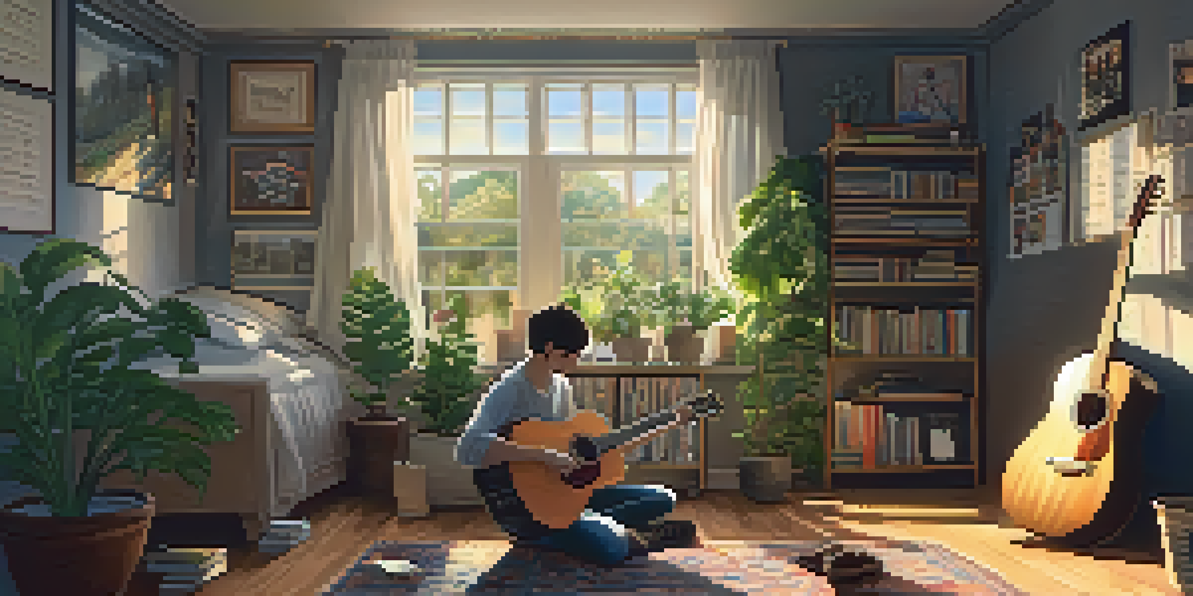 A young adult playing an acoustic guitar in a cozy room with sunlight streaming through a window, surrounded by plants and music sheets.