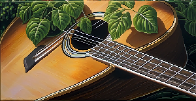 A hand strumming a vintage acoustic guitar with sunlight shining through a window, emphasizing the wood grain and strings.