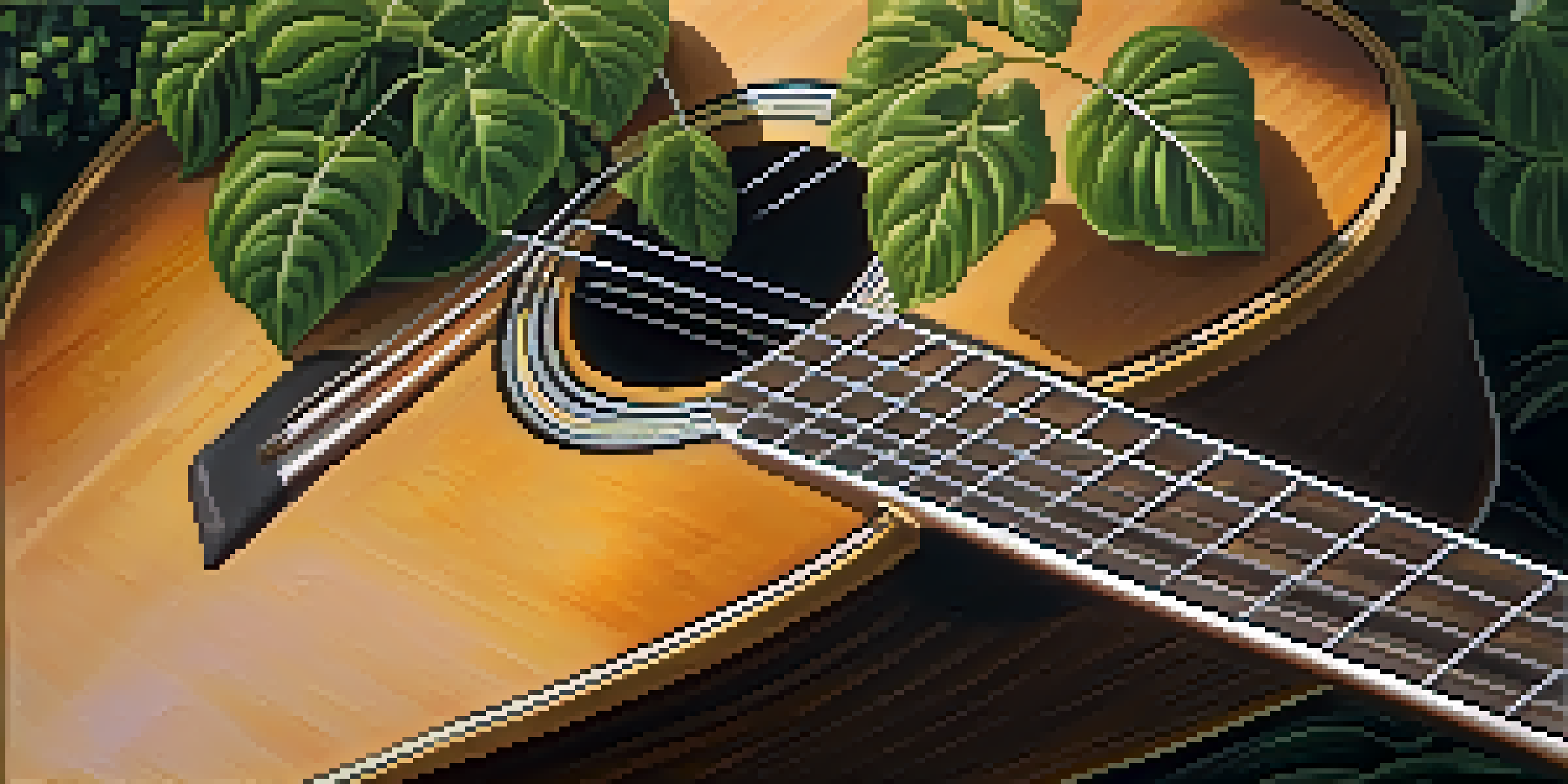 A hand strumming a vintage acoustic guitar with sunlight shining through a window, emphasizing the wood grain and strings.
