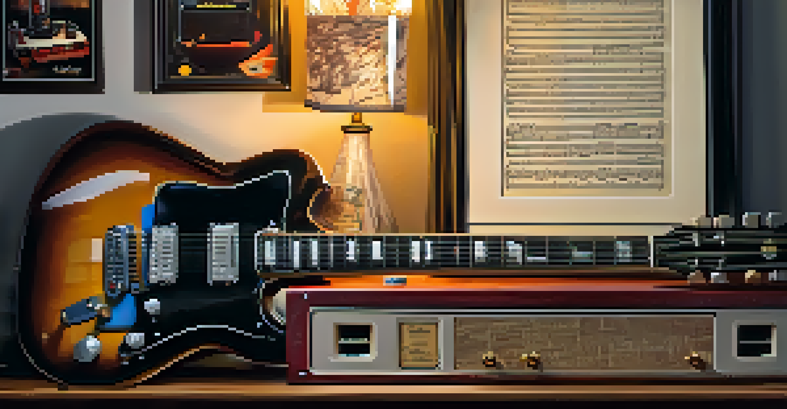 An electric guitar on a vintage amplifier in a dimly lit room, surrounded by music posters and a warm lamp glow.