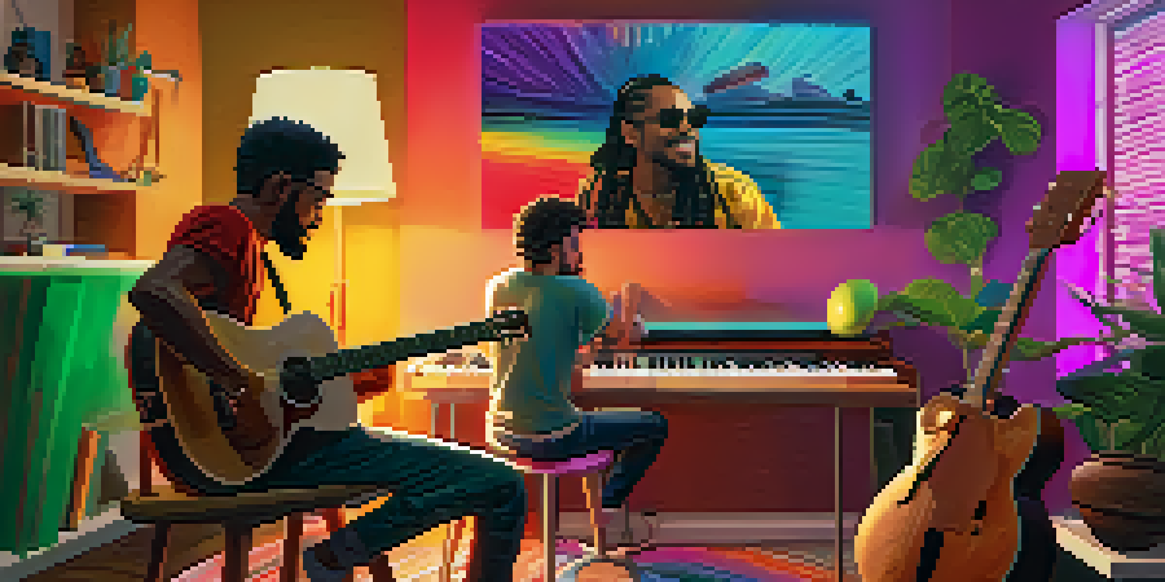 Two musicians collaborating remotely over a video call, one on guitar and the other on keyboard, with colorful sound waves connecting them.
