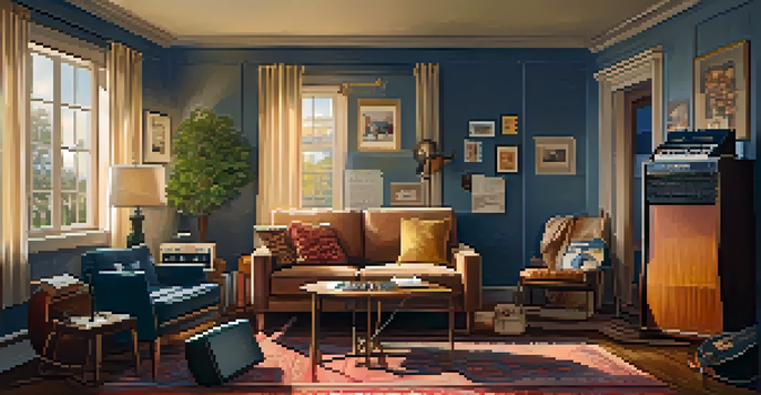 A musician playing an electric guitar in a warmly lit living room, with a vintage amplifier and scattered guitar accessories.