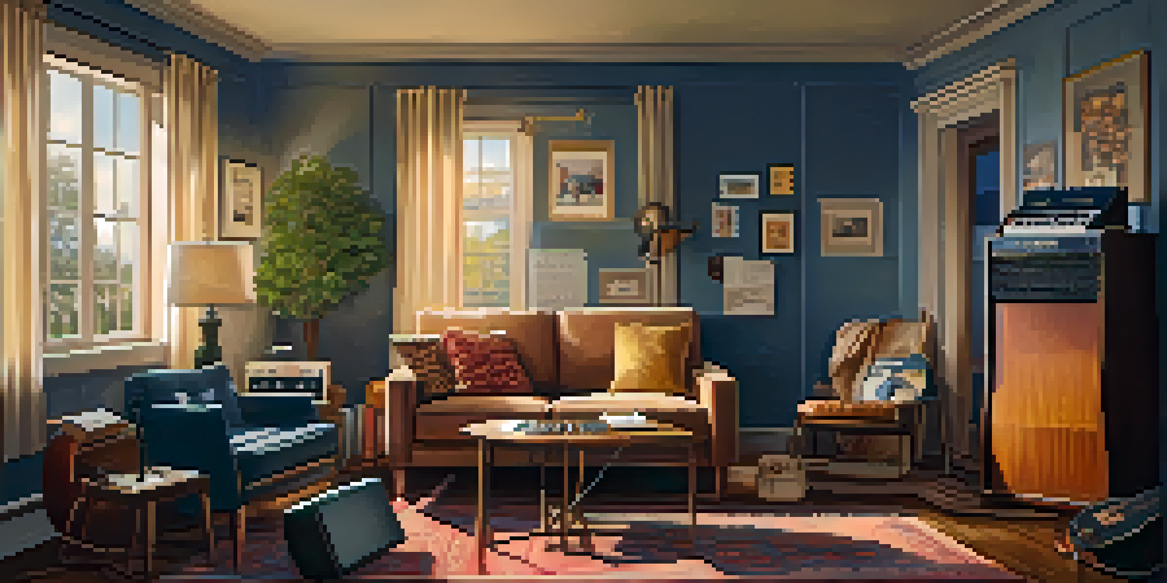 A musician playing an electric guitar in a warmly lit living room, with a vintage amplifier and scattered guitar accessories.