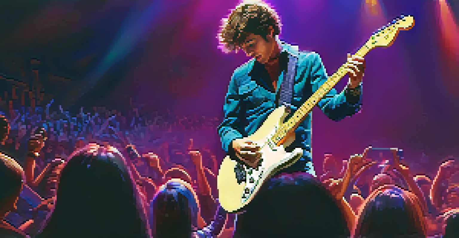 A guitar player performing on stage with a Fender Stratocaster, surrounded by vibrant blue and purple lights, with an engaged audience.