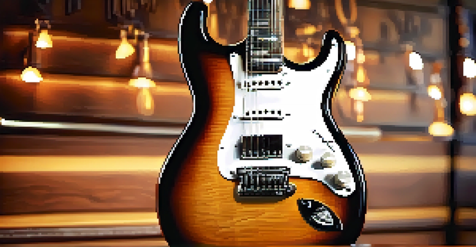 A detailed close-up of an electric guitar in a vintage studio, highlighting the strings and wood grain with warm lighting.