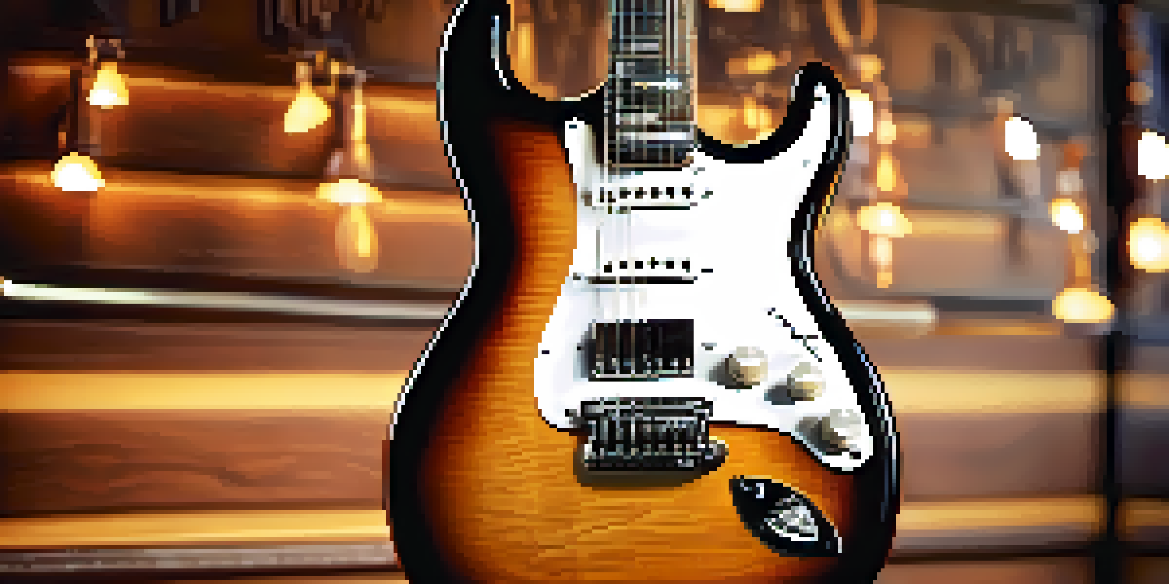 A detailed close-up of an electric guitar in a vintage studio, highlighting the strings and wood grain with warm lighting.