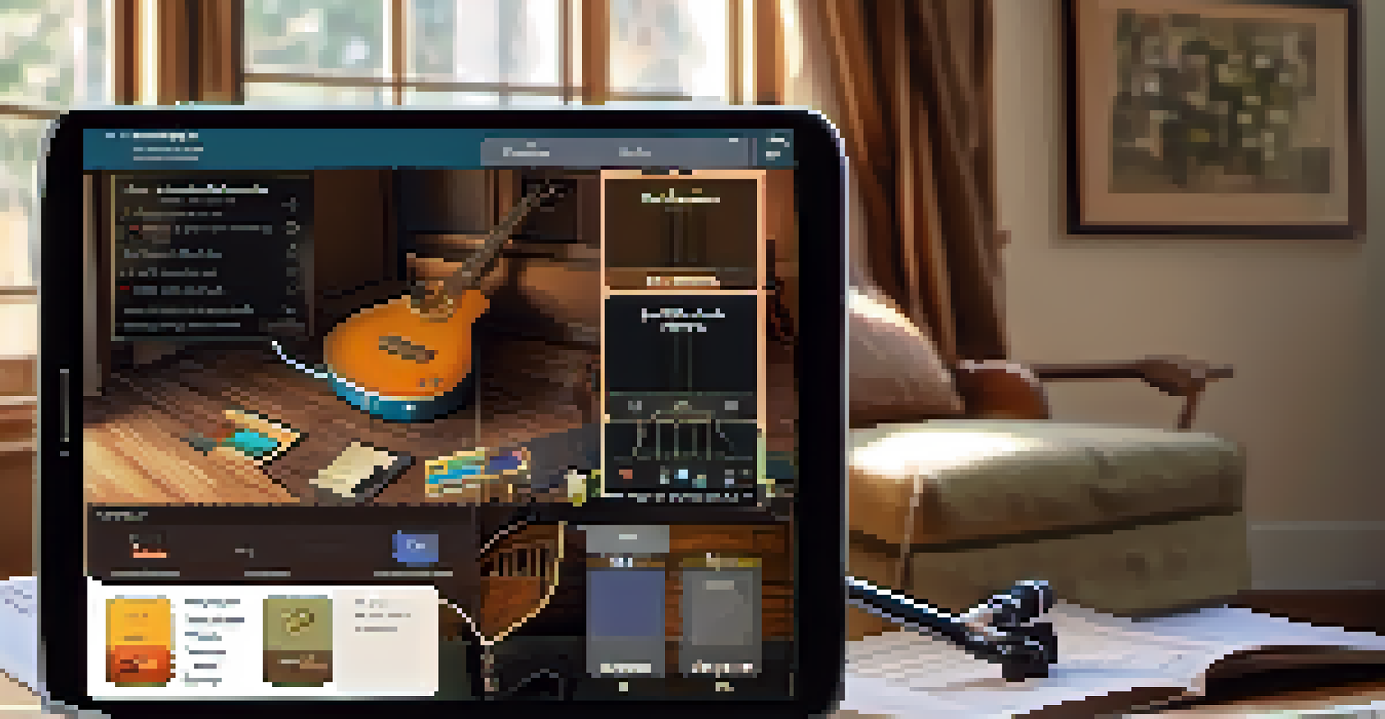 A tablet displaying an interactive guitar lesson in a cozy room with natural light.