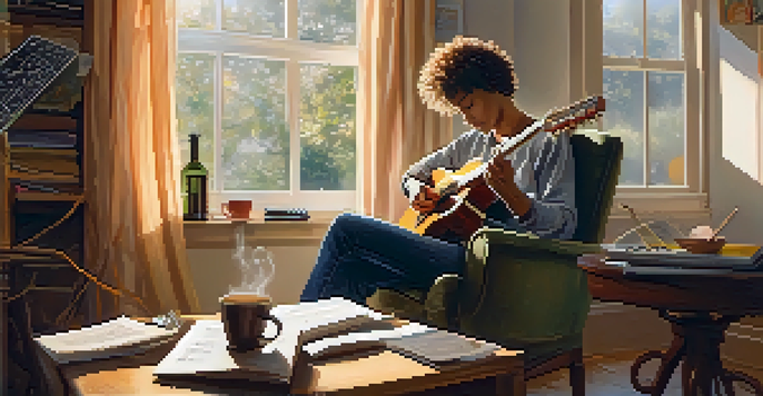 A middle-aged woman with curly hair plays an acoustic guitar in a sunlit room, with musical notes floating around her and a notebook and coffee cup on a nearby table.