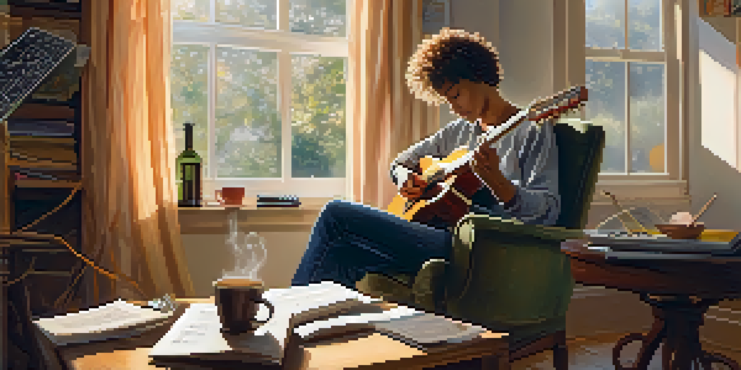 A middle-aged woman with curly hair plays an acoustic guitar in a sunlit room, with musical notes floating around her and a notebook and coffee cup on a nearby table.