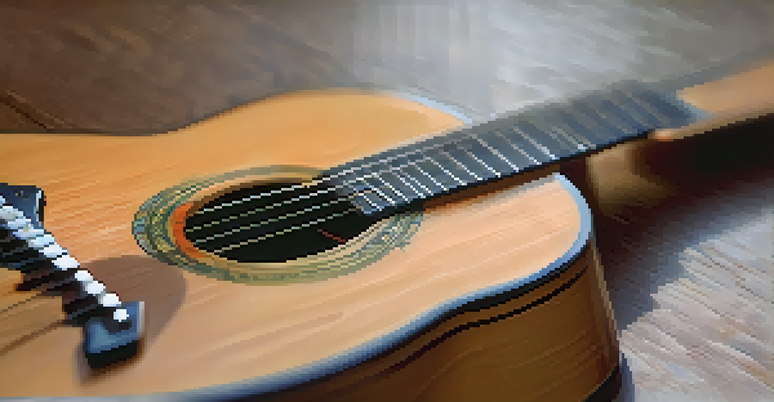A close-up of a hand tuning a guitar, showcasing the strings and a digital tuner.