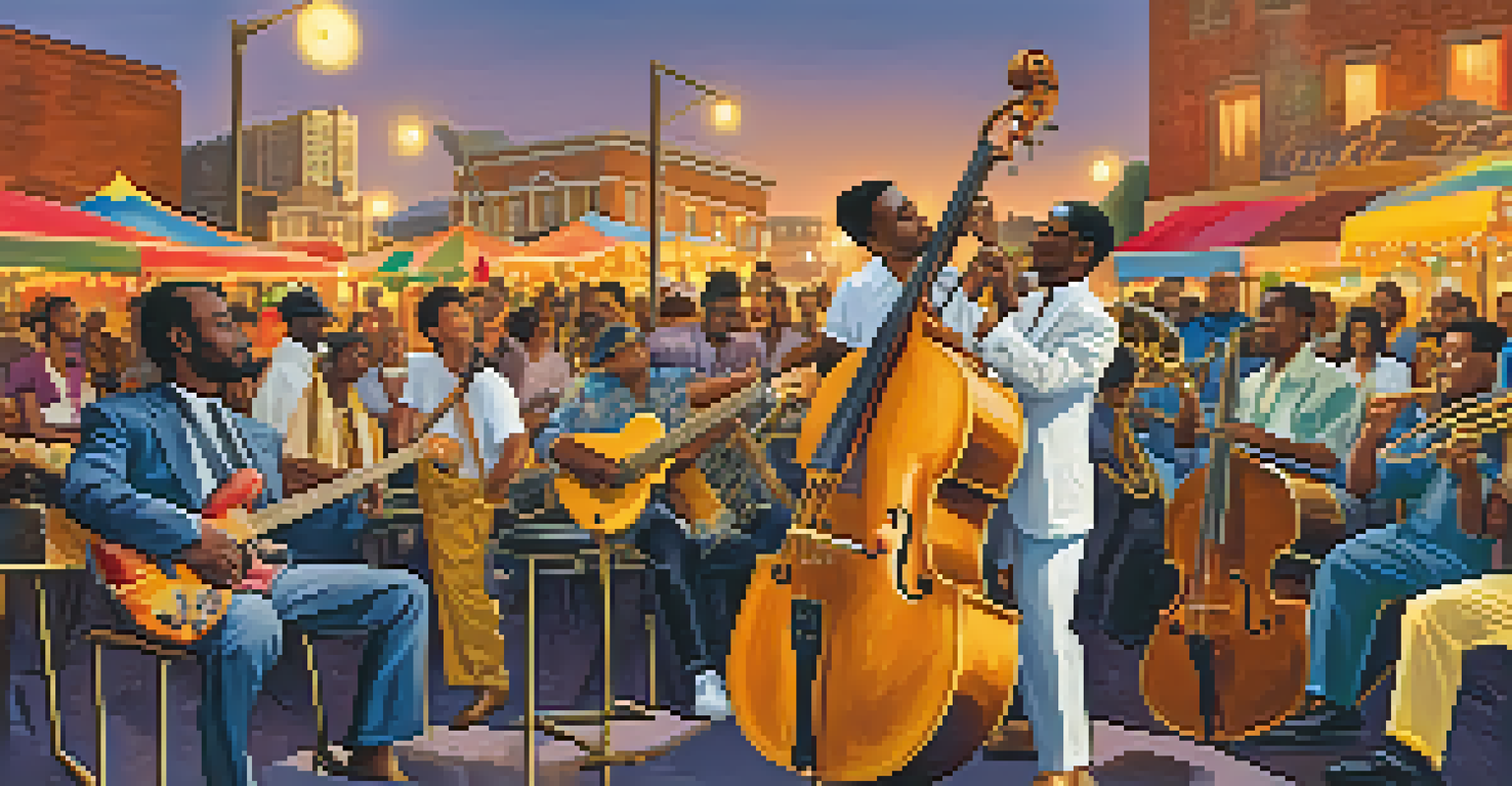 A lively outdoor jazz festival with musicians performing and an audience enjoying the music.