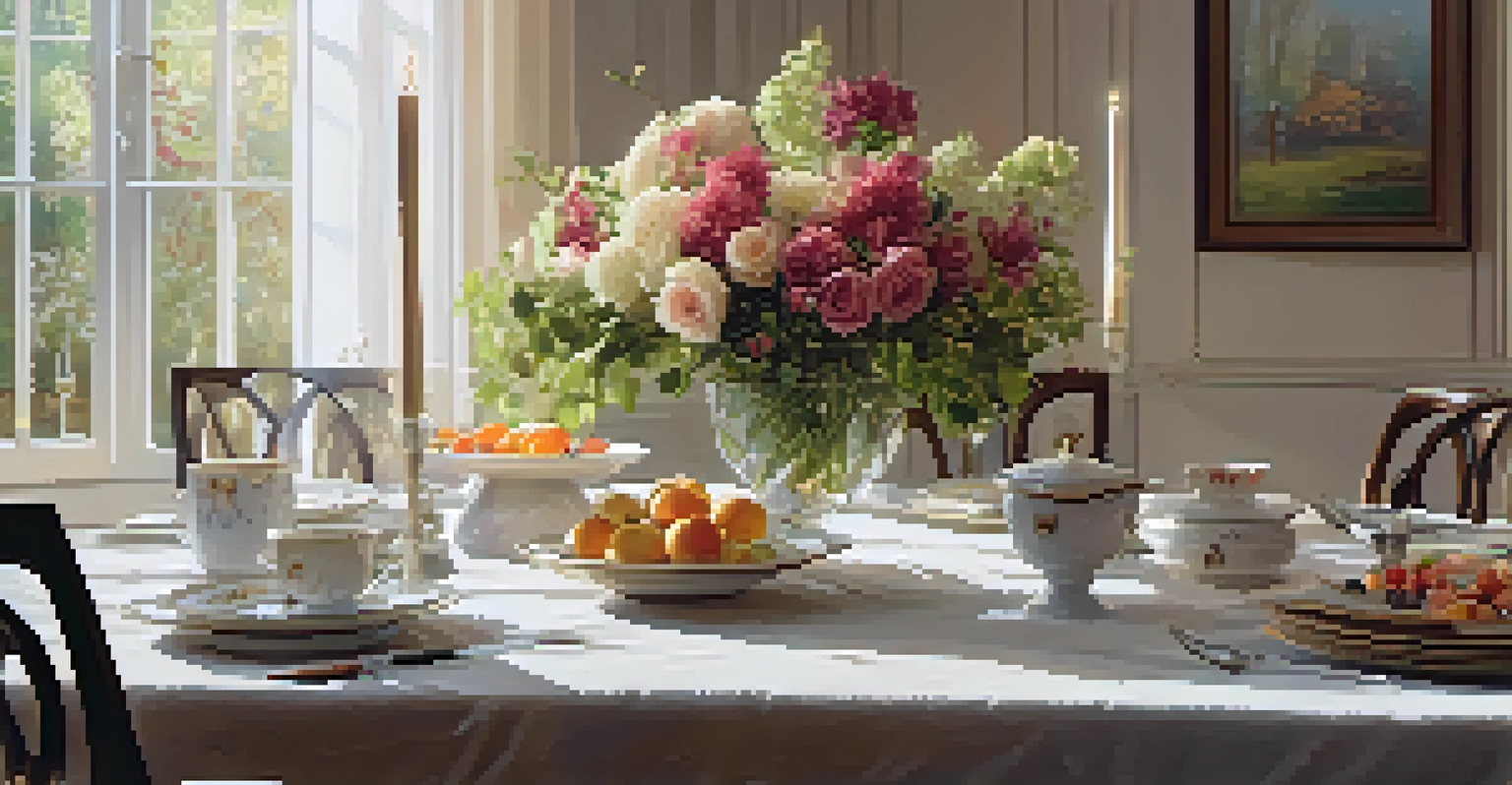 A beautifully set dining table in a warm room with flowers and dishes.