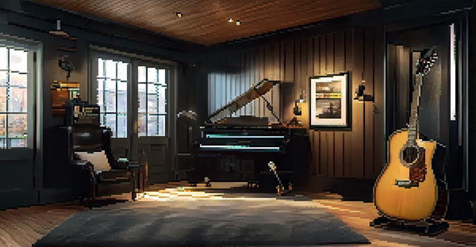 A music studio with an open hard guitar case displaying an acoustic guitar inside, surrounded by accessories like picks and sheet music under soft natural light.