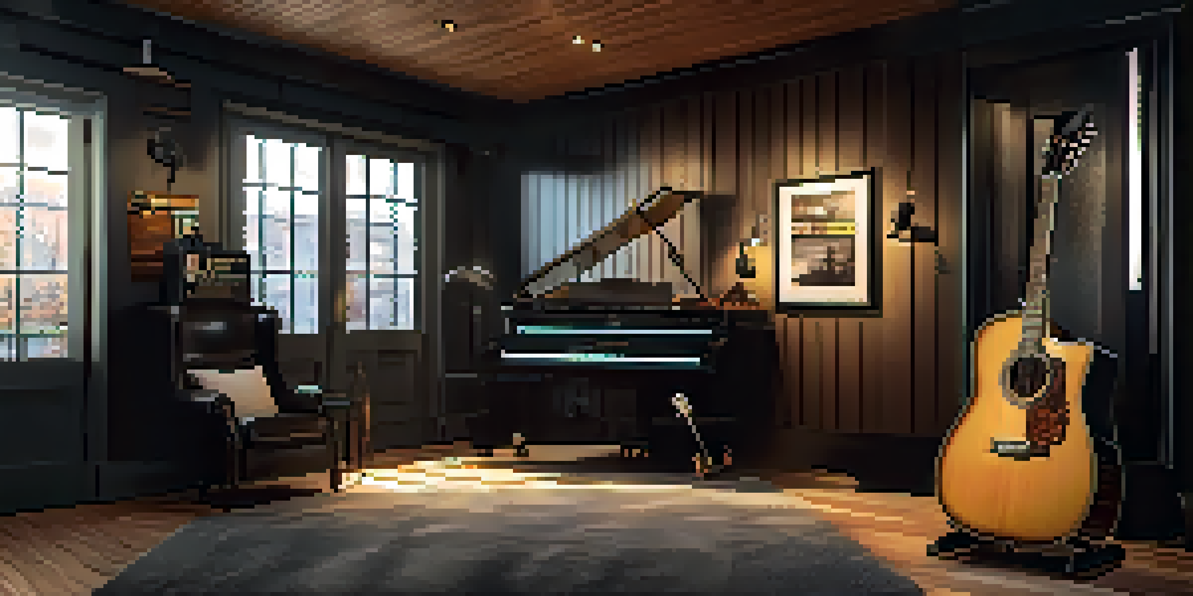 A music studio with an open hard guitar case displaying an acoustic guitar inside, surrounded by accessories like picks and sheet music under soft natural light.