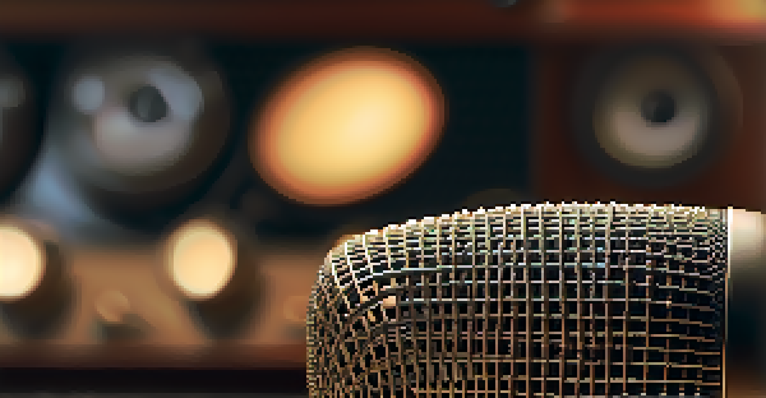 A close-up of a microphone near an amplifier's speaker cone, with a blurred guitar and warm tones in the background.