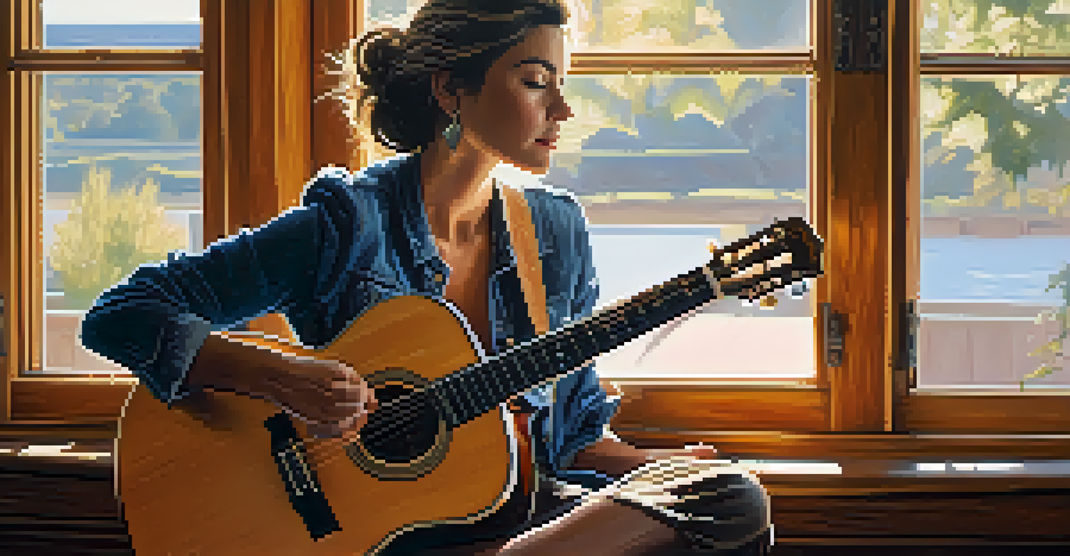 A close-up of a female guitarist playing an acoustic guitar in a sunlit room, with soft shadows and warm sunlight.