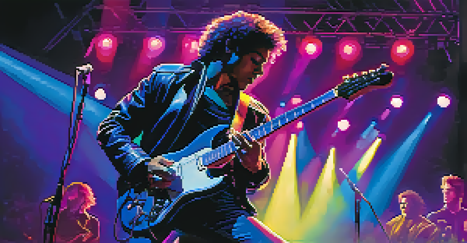 An electric guitarist performing on stage with colorful lights, wearing a leather jacket, captivating the audience with a solo.