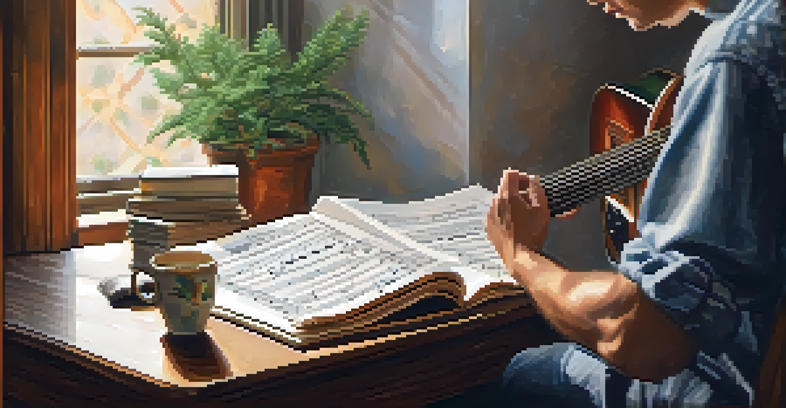 A close-up of a guitarist's hands playing the guitar with sheet music and a cup of tea in a cozy room.