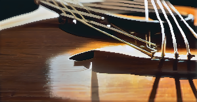 A glass slide placed on the strings of an acoustic guitar, illuminated by sunlight, showcasing the guitar's wooden texture.