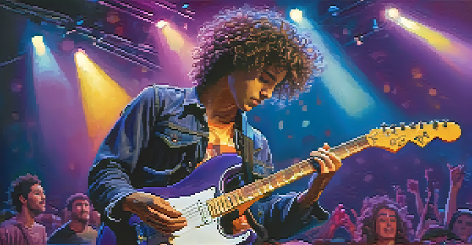 A young musician playing an electric guitar on stage, illuminated by colorful lights with an enthusiastic audience in the background.