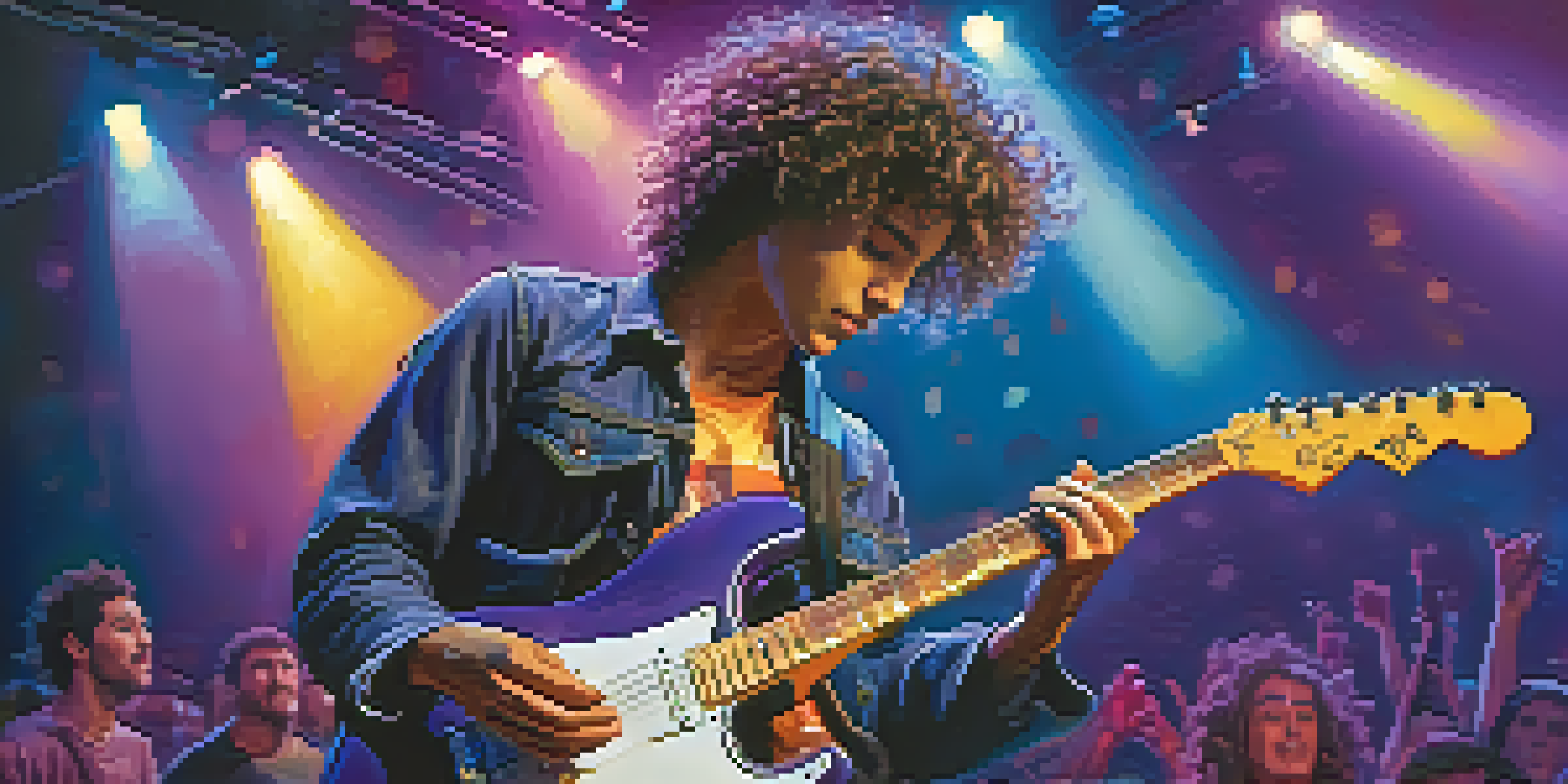A young musician playing an electric guitar on stage, illuminated by colorful lights with an enthusiastic audience in the background.