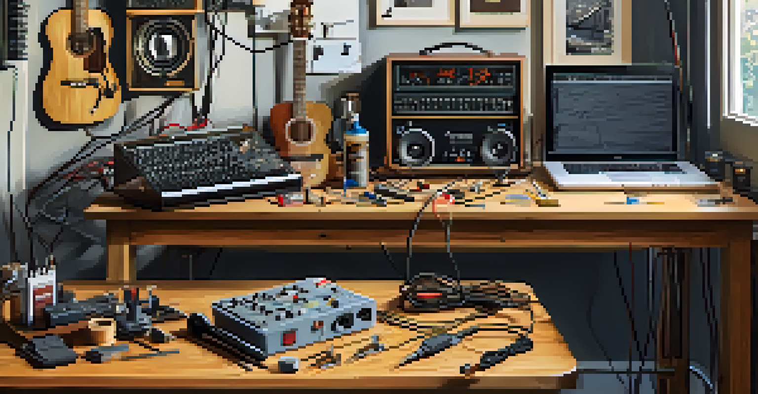 A workspace with essential guitar electronics tools such as a soldering iron and multimeter on a wooden table, well-lit with natural light.