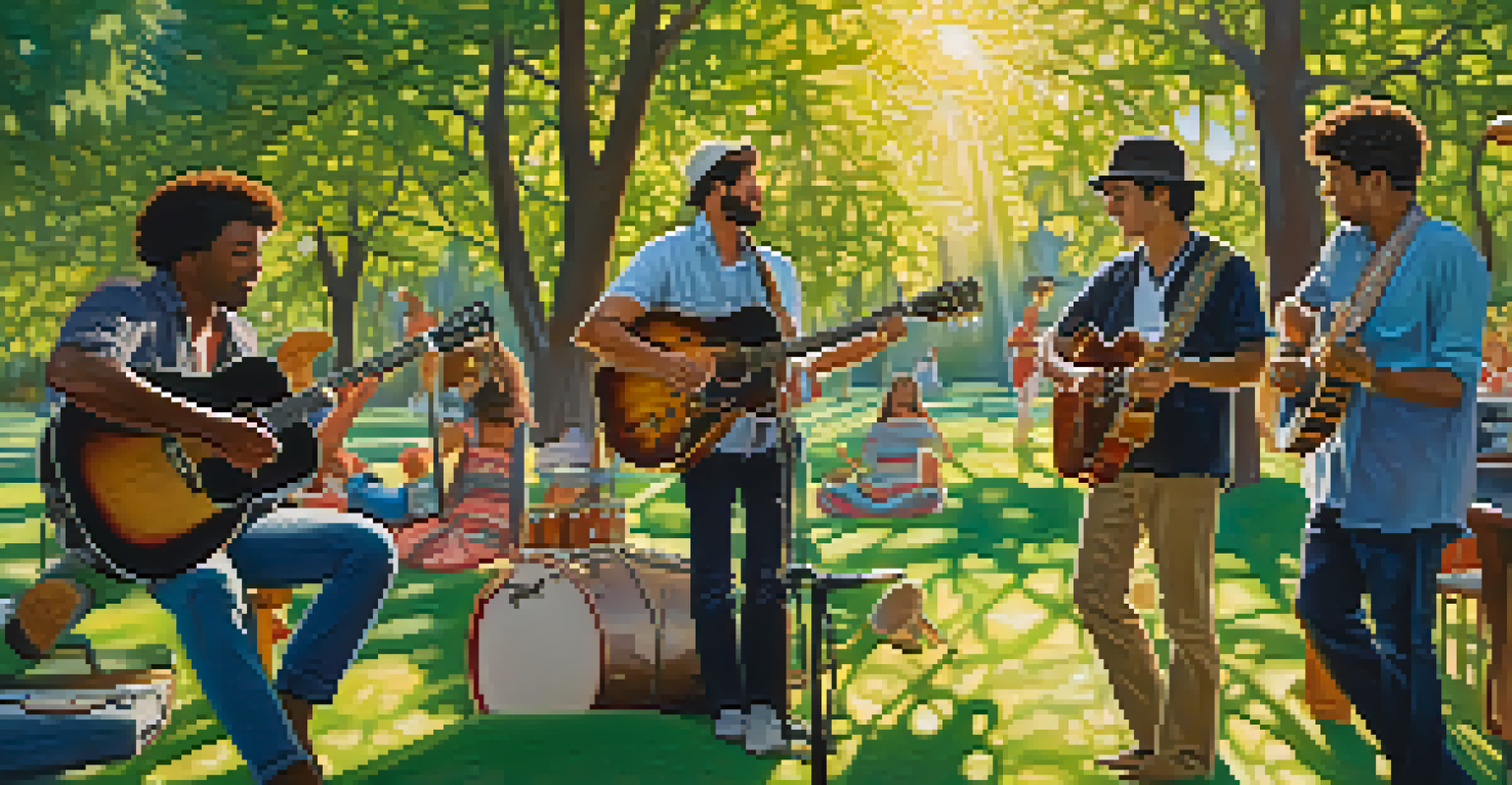 A group of musicians jamming in a park with a guitarist playing an electric guitar.