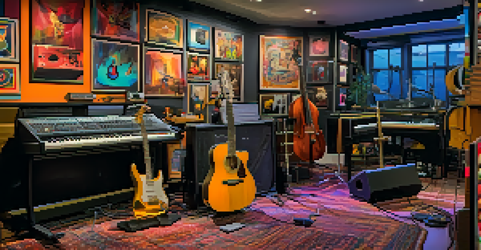A colorful music studio with guitars, a keyboard, and a musician composing a melody in the background.