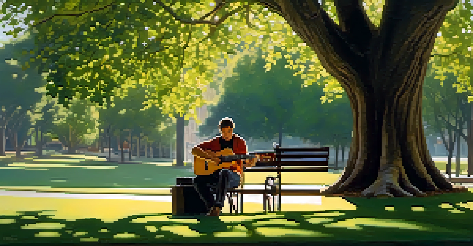 A classical guitarist playing on a park bench under a tree, with sunlight filtering through leaves and a lush green landscape in the background.