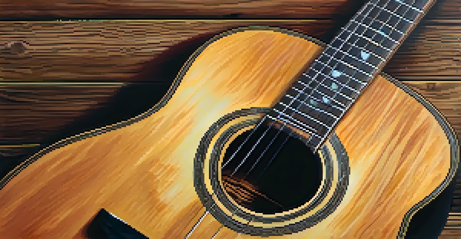 A close-up of an acoustic guitar showcasing its wood grain against a rustic background with colorful sound notes floating around.