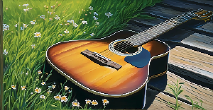 An acoustic guitar leaning against a rustic wooden fence surrounded by green grass and wildflowers, illuminated by soft sunlight.