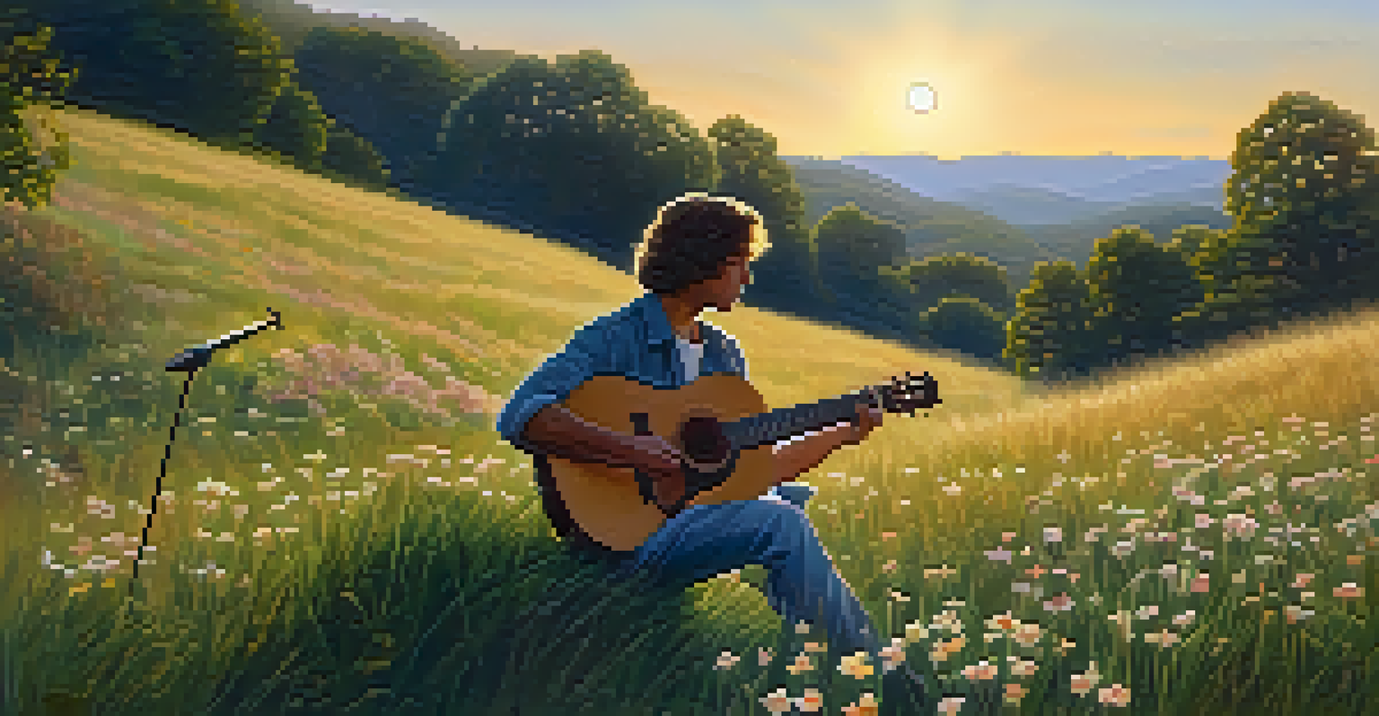 A musician playing an acoustic guitar with nylon strings on a grassy hill during sunset, surrounded by nature.