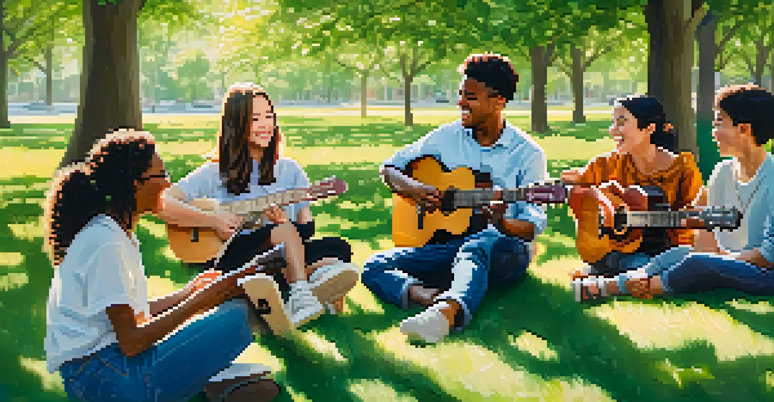 An outdoor guitar lesson in a park with a teacher and diverse students, surrounded by trees and flowers.