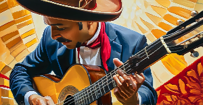 A flamenco guitarist performing at a Spanish festival, with intricate fingerpicking techniques and vibrant traditional attire.