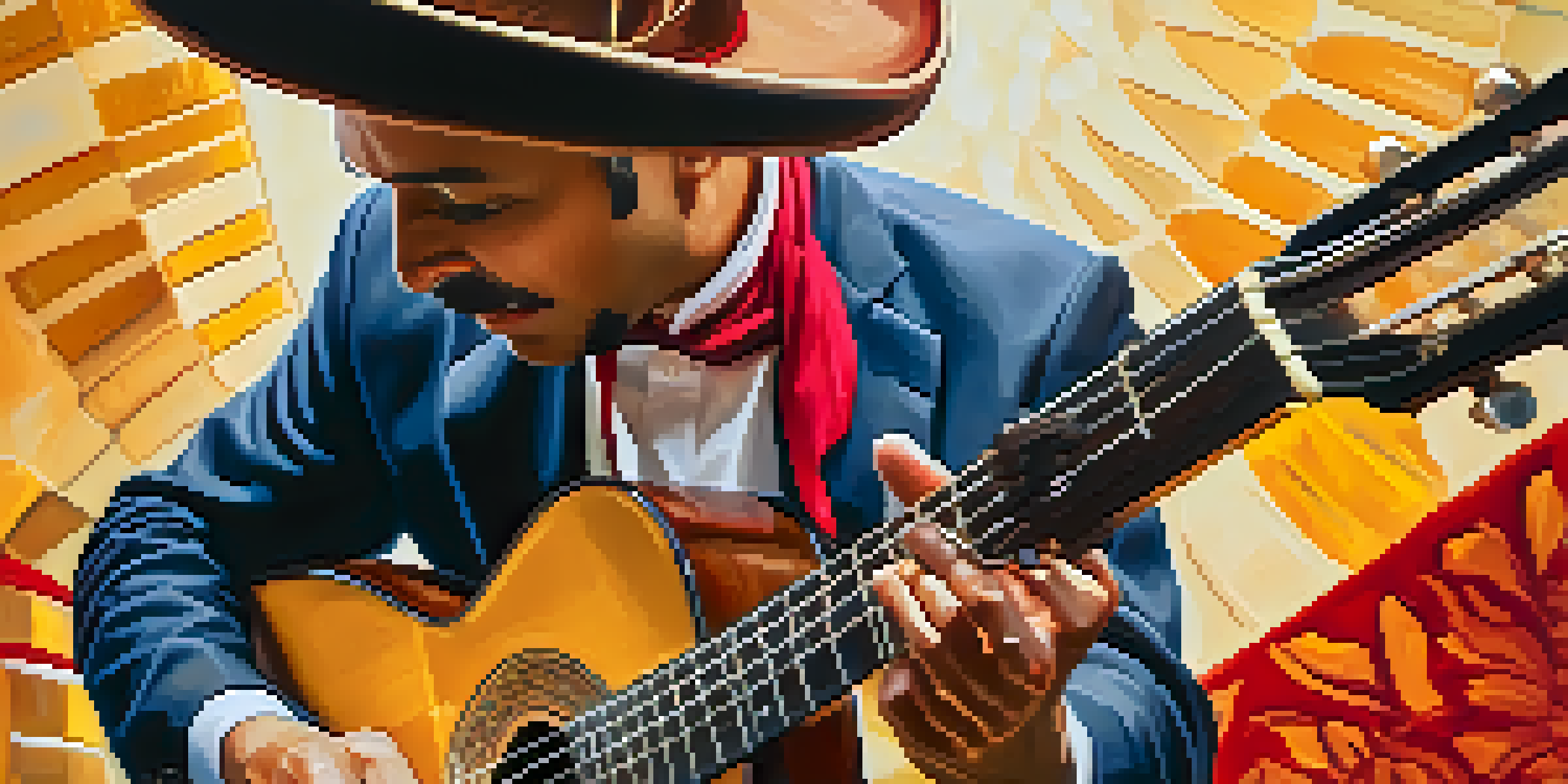 A flamenco guitarist performing at a Spanish festival, with intricate fingerpicking techniques and vibrant traditional attire.