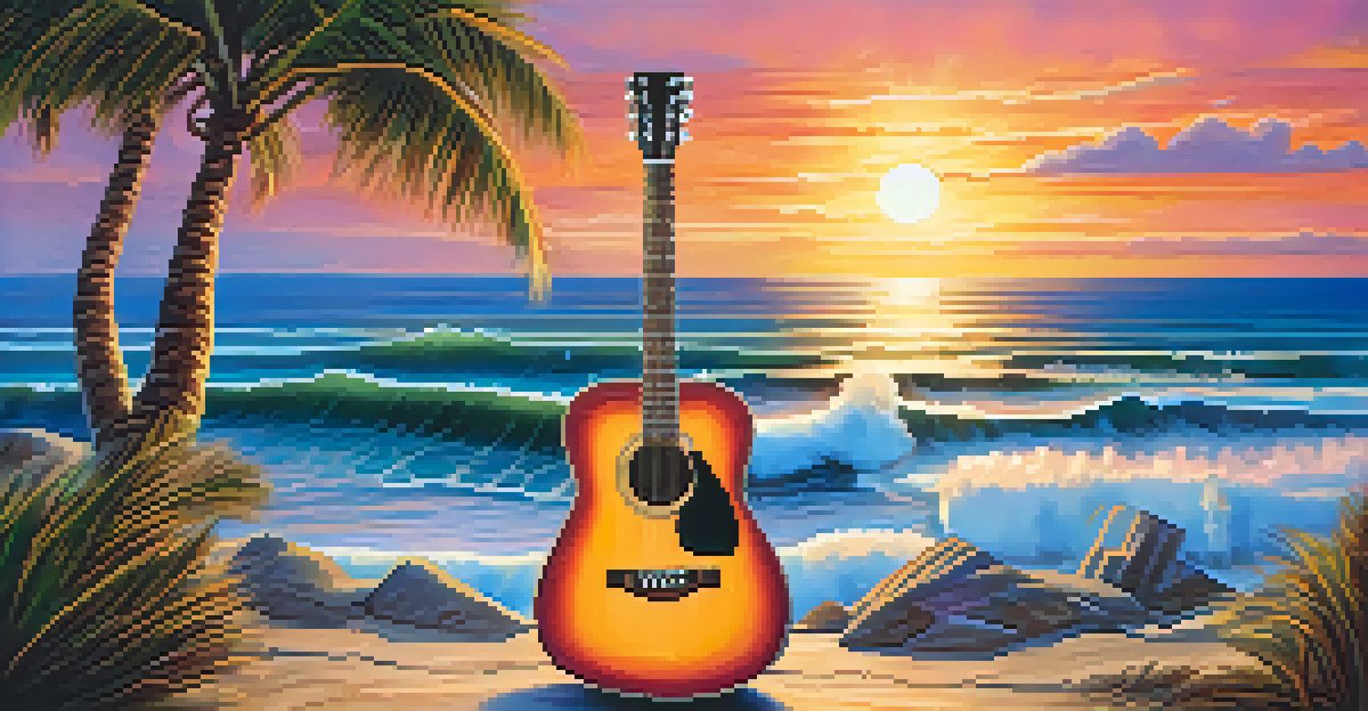 A split-screen image of an acoustic guitar on a beach at sunset and an electric guitar on a vibrant stage with lights.