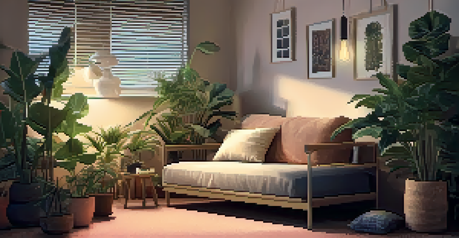 An intimate music space with soft carpet, a guitarist sitting with a warm lamp and surrounded by cushions and plants.