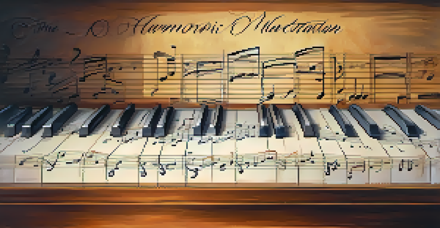 Close-up of a sheet of music with harmonic minor scale notation and a wooden piano in the background, warm lighting.
