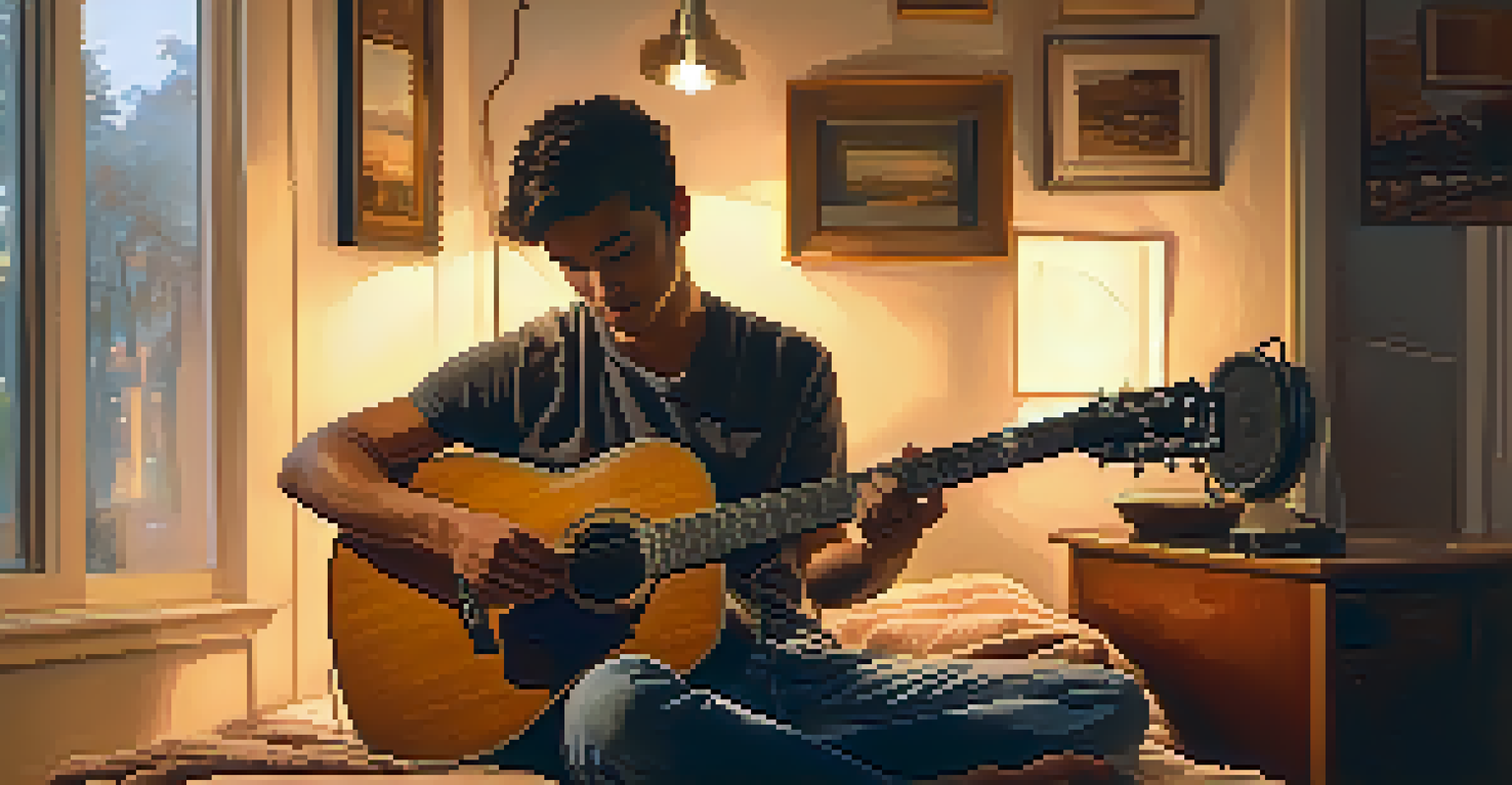 A musician adjusting the truss rod of a guitar in a cozy, softly lit room.