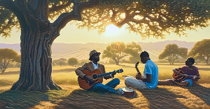 A group of African American musicians playing acoustic guitars and harmonicas under a large oak tree during sunset, with an audience enjoying the performance.