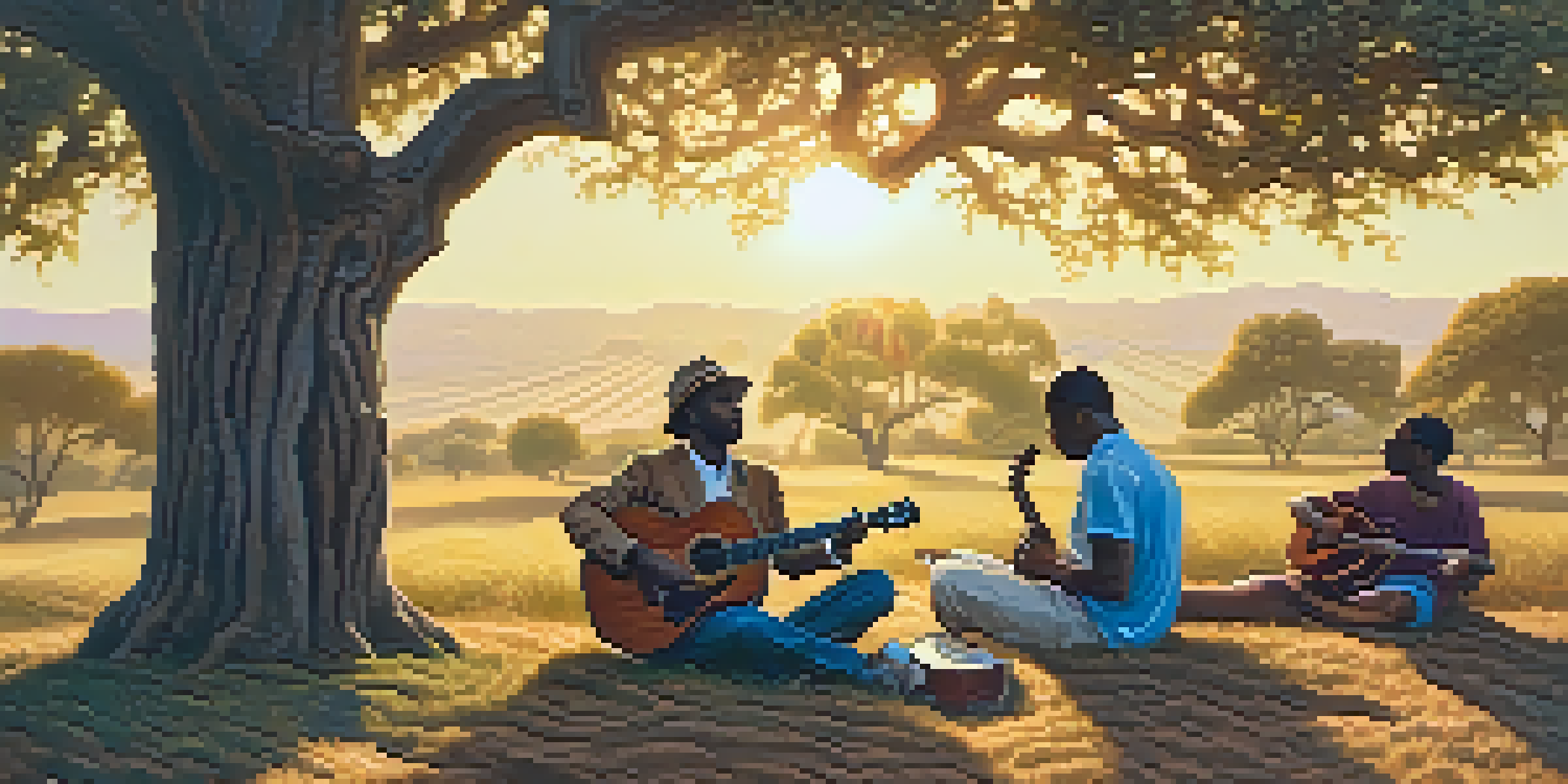 A group of African American musicians playing acoustic guitars and harmonicas under a large oak tree during sunset, with an audience enjoying the performance.