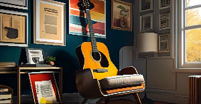 A home music studio featuring an acoustic guitar, sheet music, and warm lighting, conveying a peaceful and creative environment.