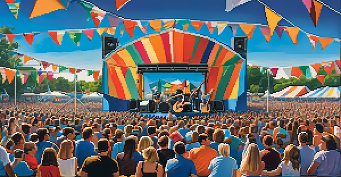 A lively outdoor guitar festival with musicians on stage and an excited crowd under a blue sky.