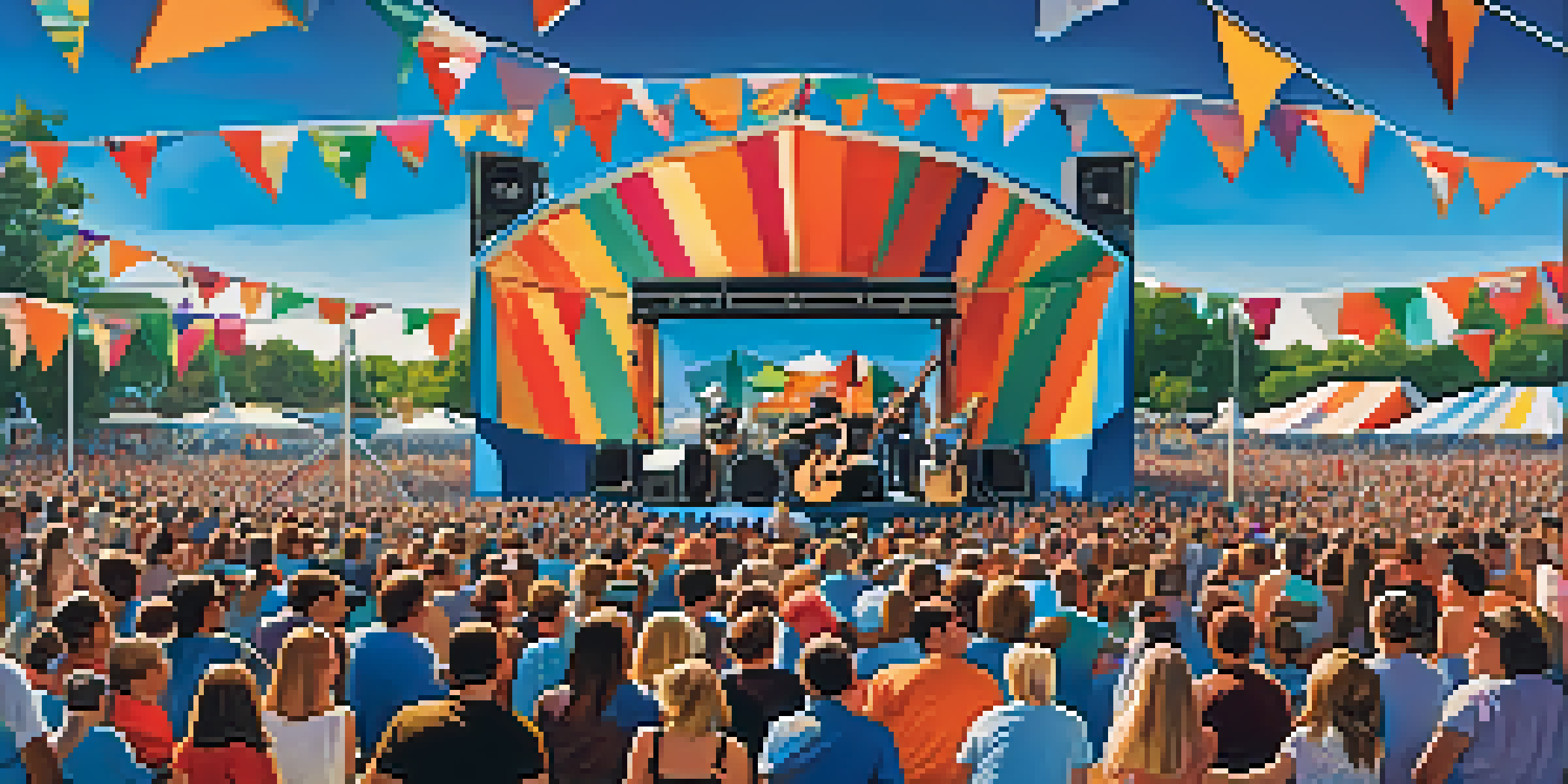 A lively outdoor guitar festival with musicians on stage and an excited crowd under a blue sky.